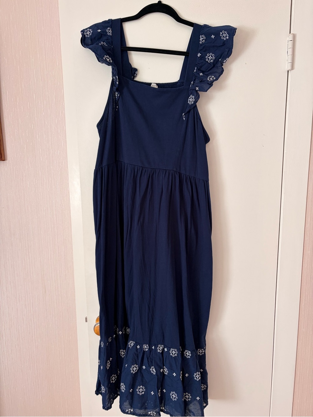J. Crew Navy Midi Dress with Embroidered Ruffle Straps